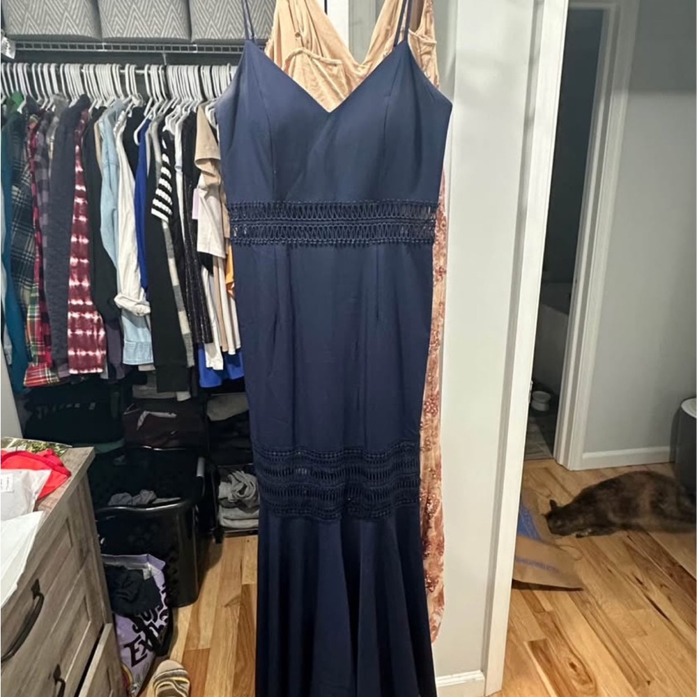 Navy V-Neck Prom Maxi Dress with Crochet Waist Detail